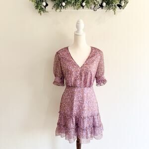 The East Order V Neck Purple/Orange Floral Ruffle Boho Tiered SunDress Size S V9